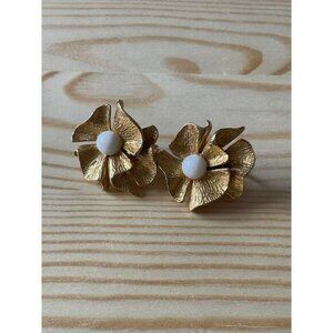 Vintage Gold Floral Clip-On Earrings With White Faux Pearl Center